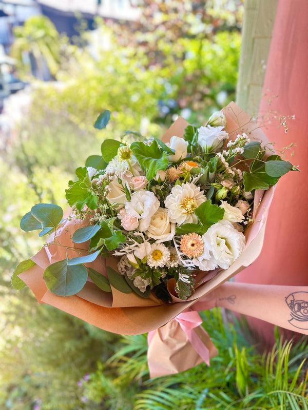 Muted & Elegant Lush Bouquet with dahlias, disianthus, strawfloewer